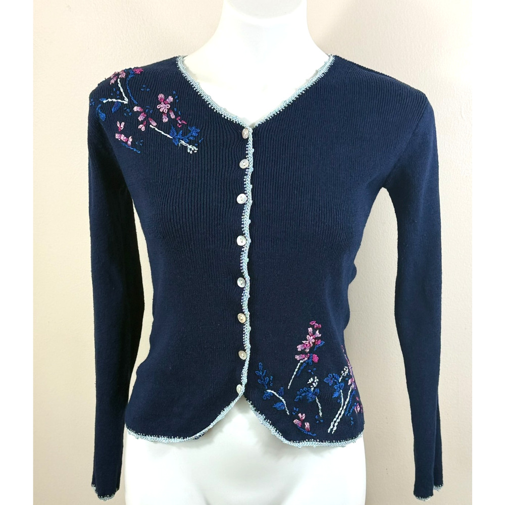 Bizzit Collection Floral Embroidered Cardigan Womens Size S Navy Blue Y2K